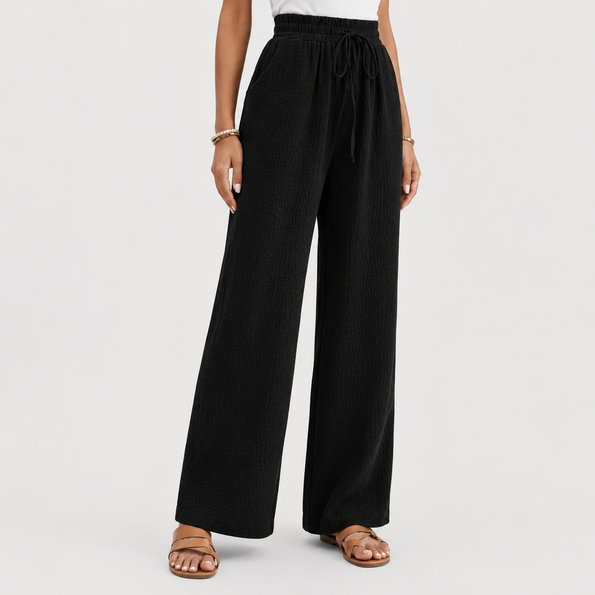 Zeva - Pantaloni a gamba larga neri con vita elastica e coulisse