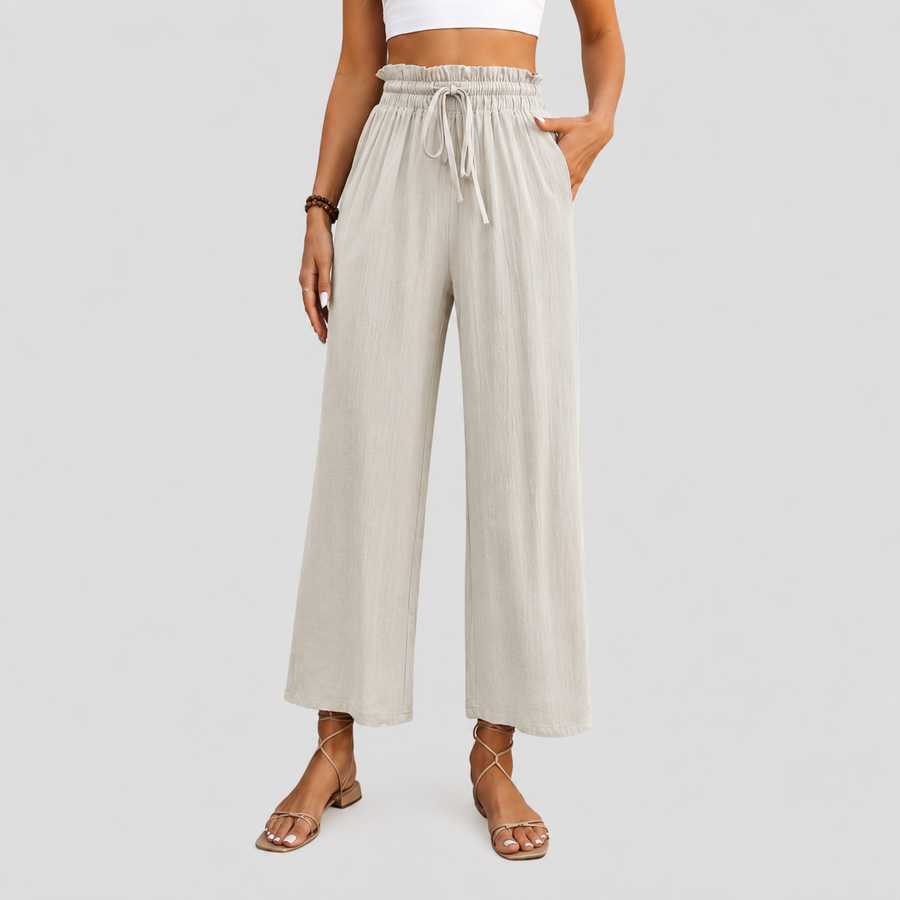 Eluna - Pantaloni a gamba larga con vita arricciata e coulisse, lungezza cropped