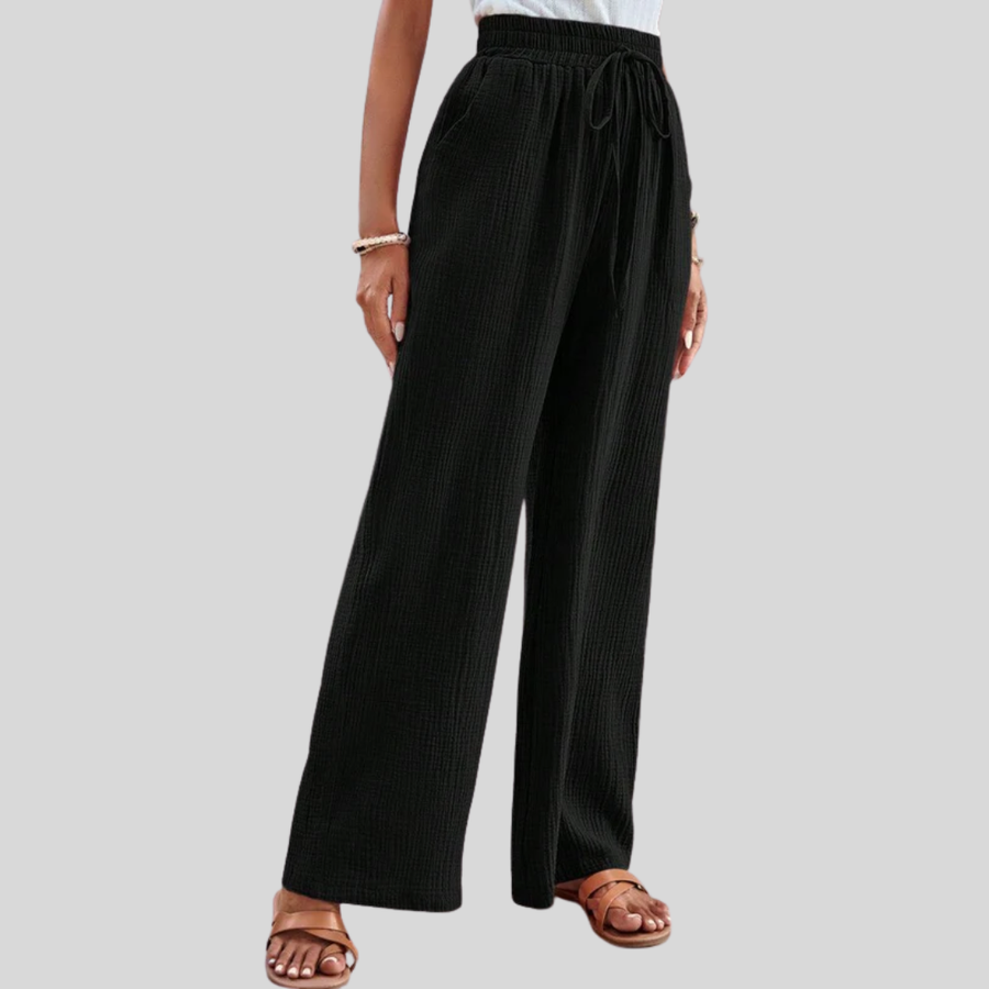 Zeva - Pantaloni a gamba larga neri con vita elastica e coulisse