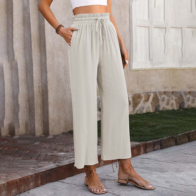 Eluna - Pantaloni a gamba larga con vita arricciata e coulisse, lungezza cropped