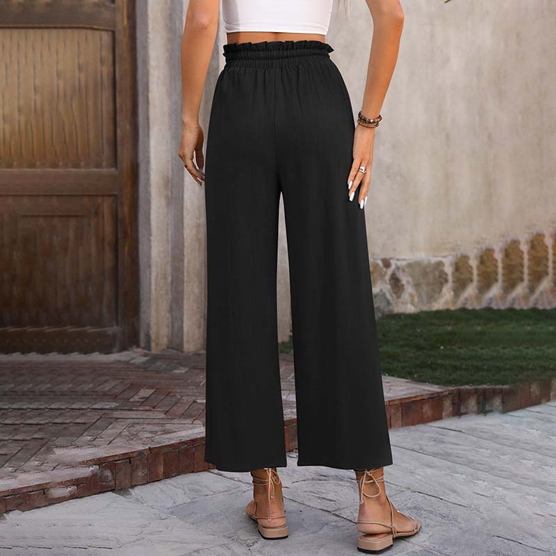 Eluna - Pantaloni a gamba larga con vita arricciata e coulisse, lungezza cropped