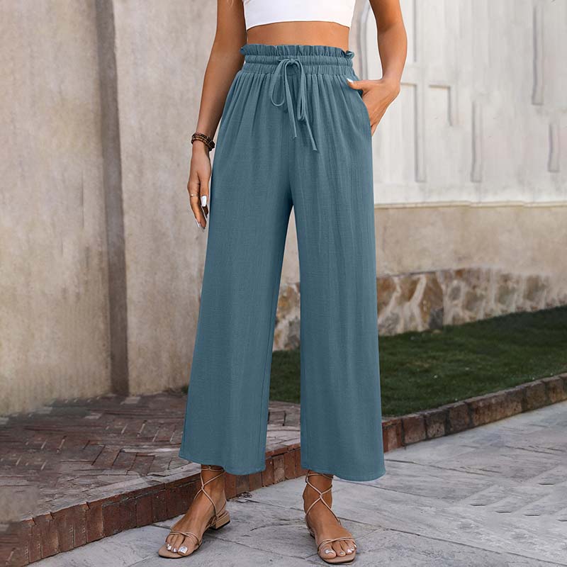 Eluna - Pantaloni a gamba larga con vita arricciata e coulisse, lungezza cropped