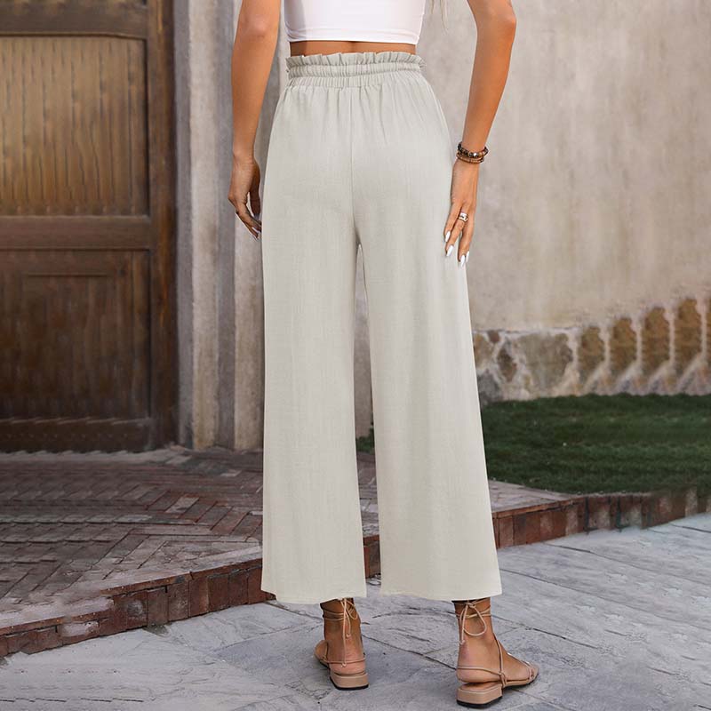 Eluna - Pantaloni a gamba larga con vita arricciata e coulisse, lungezza cropped