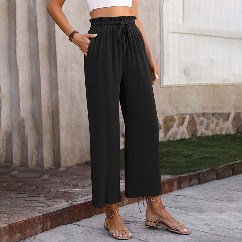 Eluna - Pantaloni a gamba larga con vita arricciata e coulisse, lungezza cropped