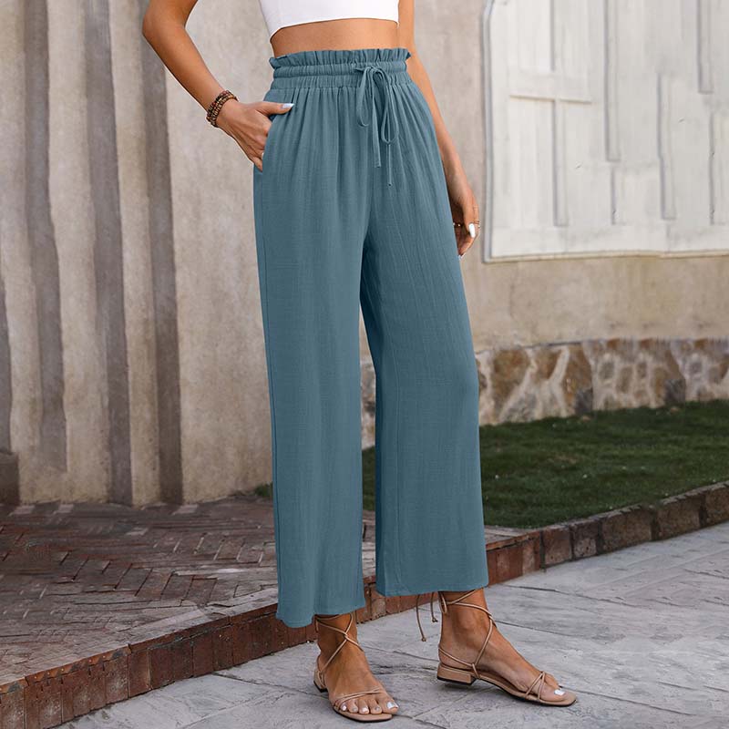 Eluna - Pantaloni a gamba larga con vita arricciata e coulisse, lungezza cropped