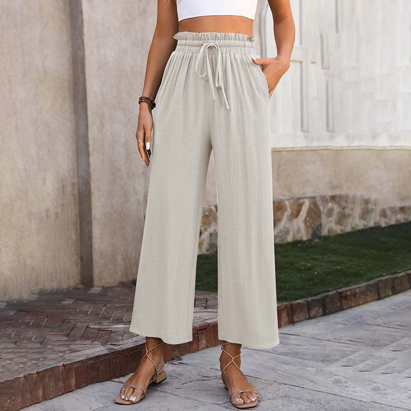 Eluna - Pantaloni a gamba larga con vita arricciata e coulisse, lungezza cropped