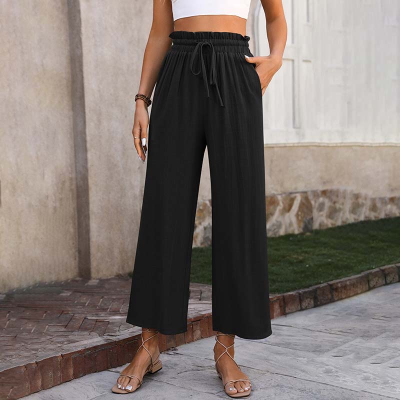 Eluna - Pantaloni a gamba larga con vita arricciata e coulisse, lungezza cropped