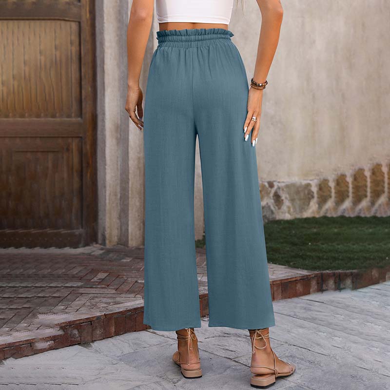 Eluna - Pantaloni a gamba larga con vita arricciata e coulisse, lungezza cropped