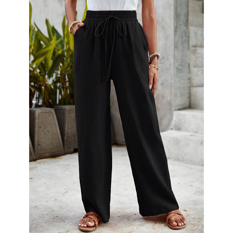 Zeva - Pantaloni a gamba larga neri con vita elastica e coulisse