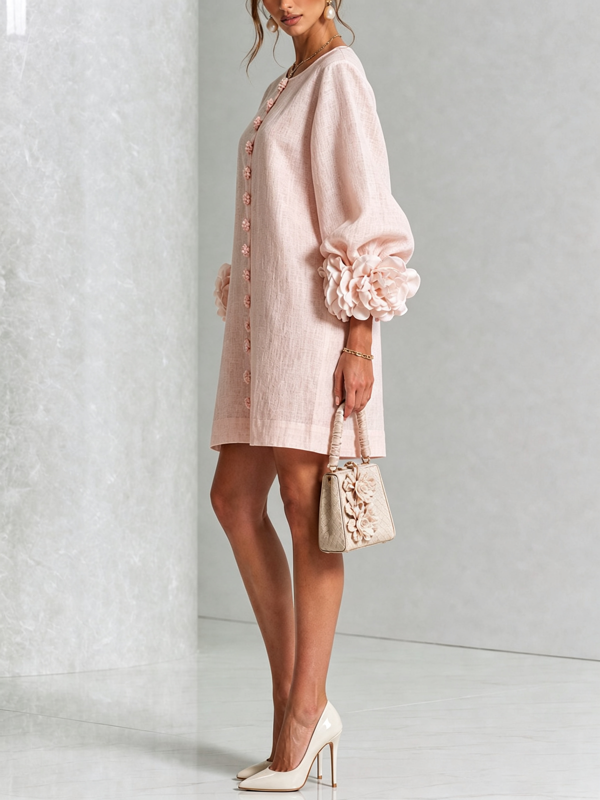 Anita | Mini abito bianco con rose ai polsini