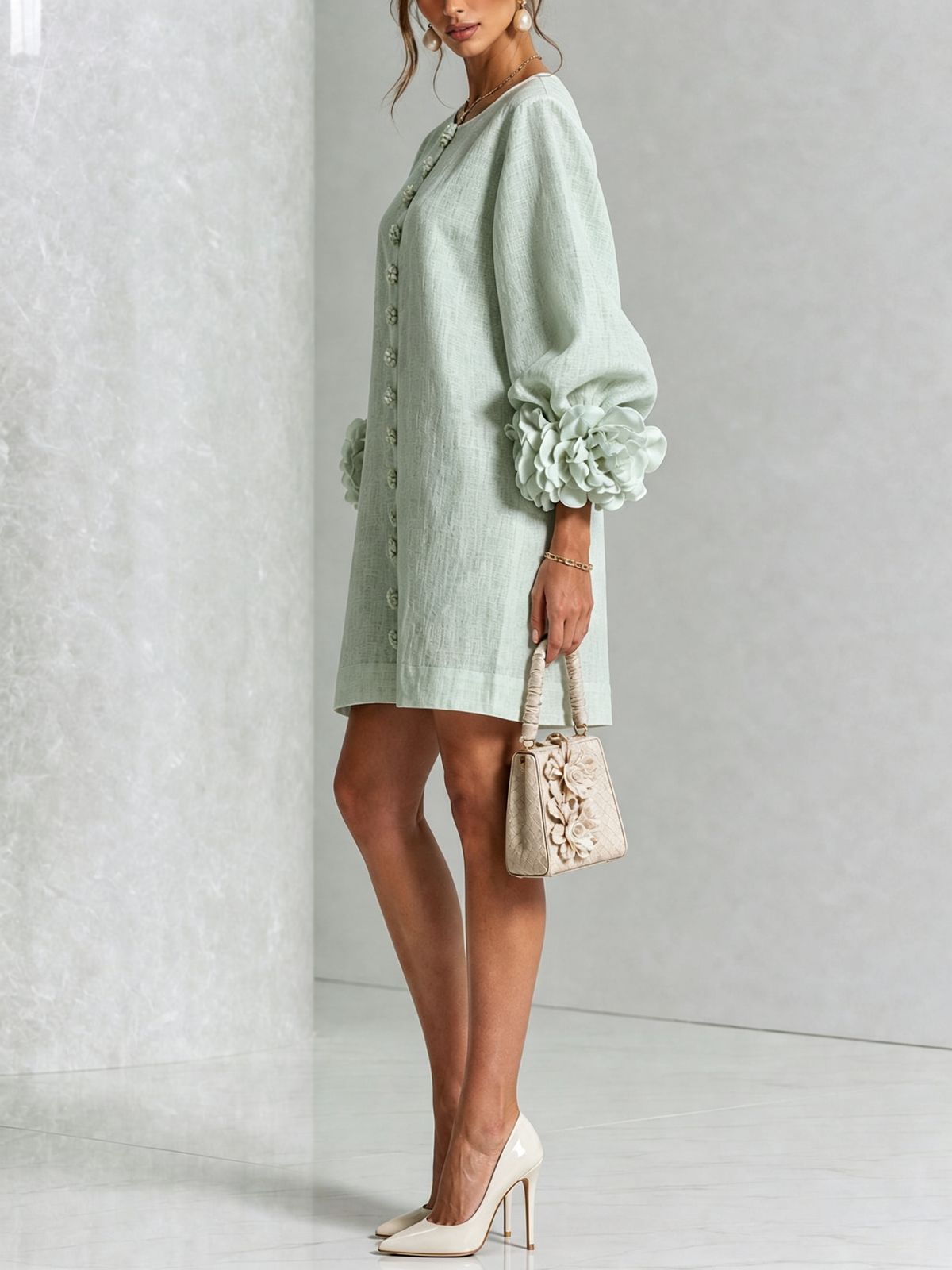 Anita | Mini abito bianco con rose ai polsini